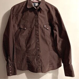 Cowboy Equipment 4Her shirt womens XXL Brown Pink Polka Dot pearl snap USA Rodeo